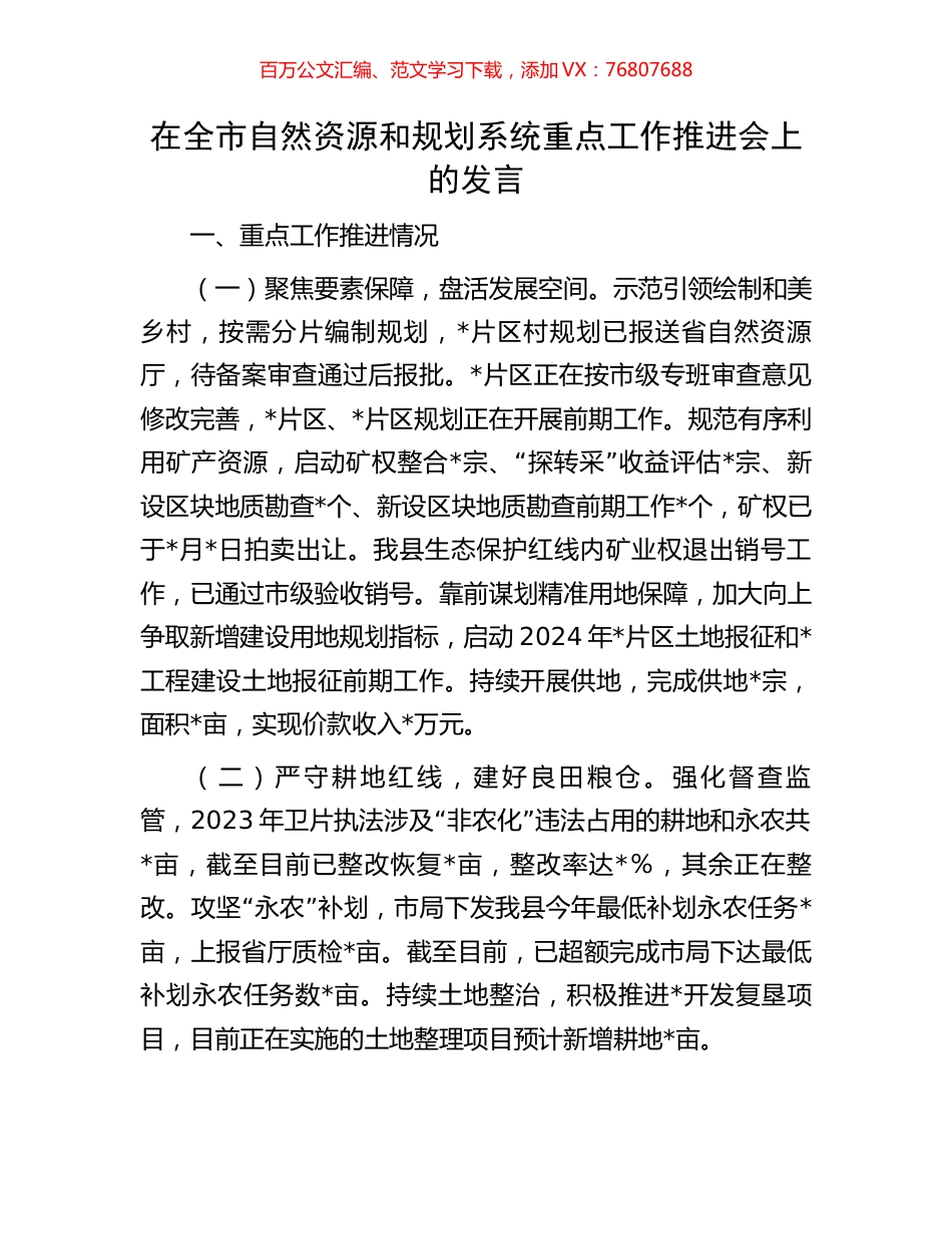 在全市自然资源和规划系统重点工作推进会上的发言.docx_第1页