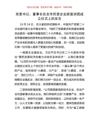 党委书记、董事长在全市民营企业家宣讲团成立仪式上的发言.docx