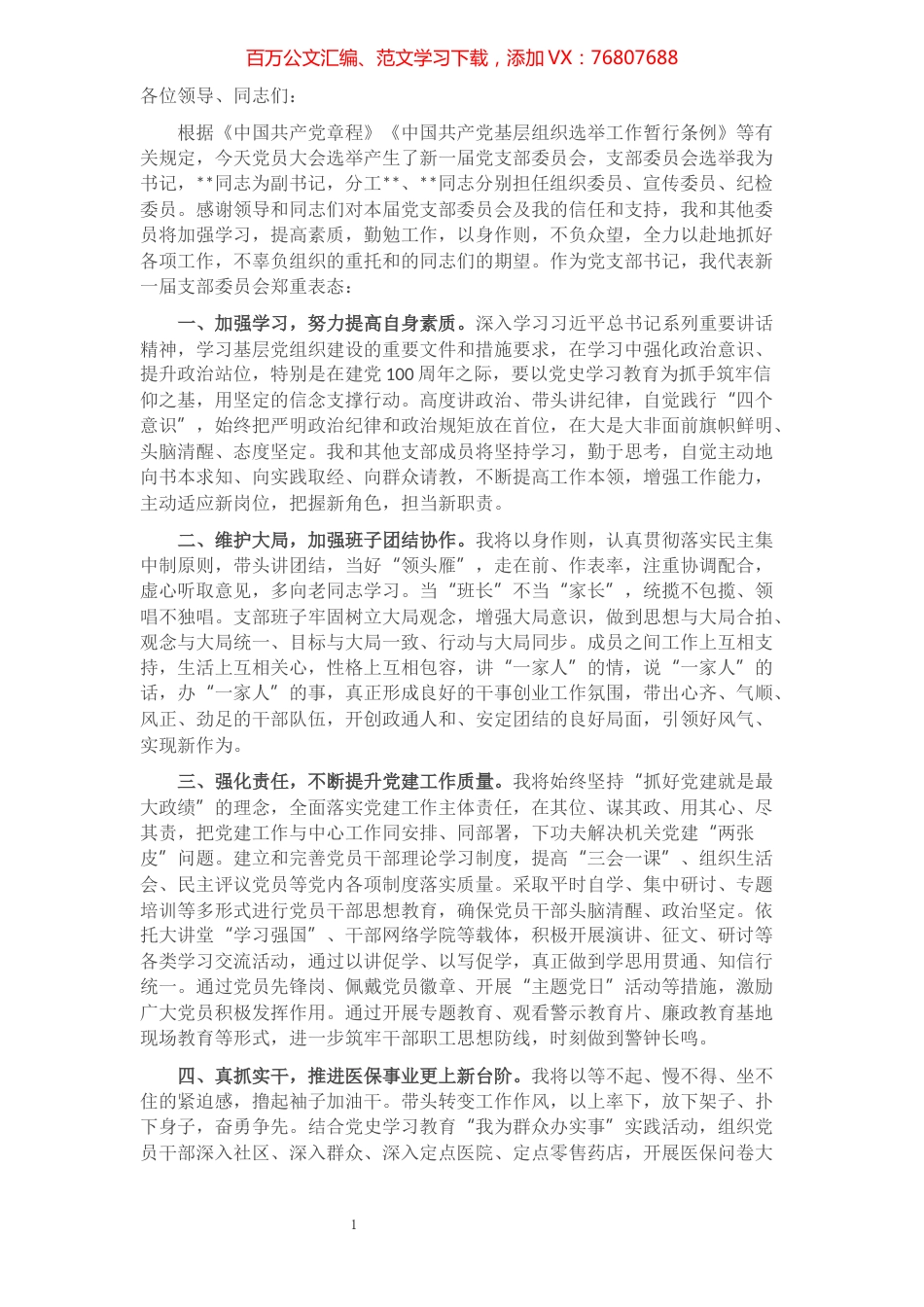 新当选机关党支部书记代表新一届支部委员会表态发言​​​​​​​​​​​​.docx_第1页