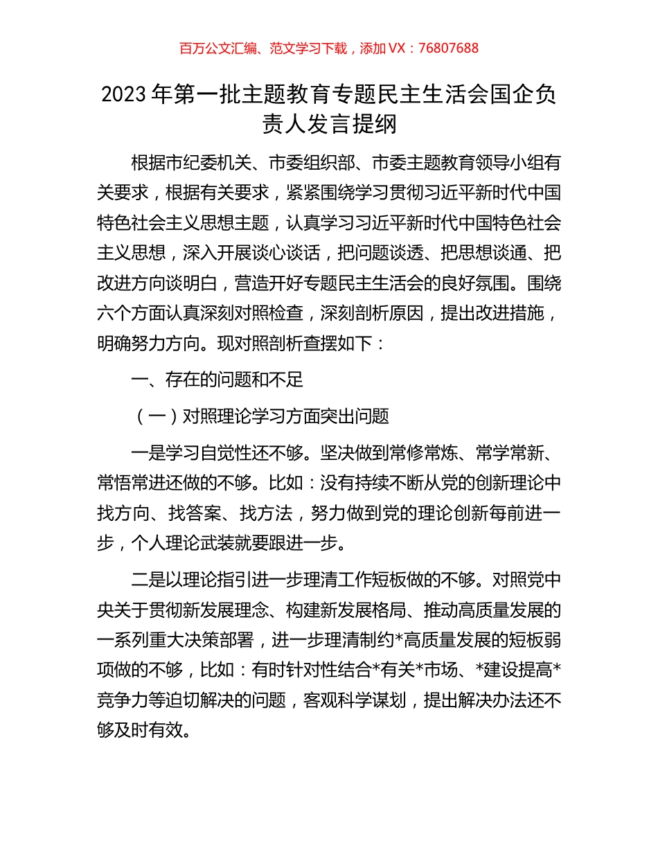 2023年第一批主题教育专题民主生活会国企负责人发言提纲.docx_第1页