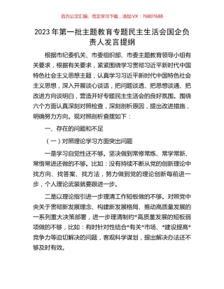 2023年第一批主题教育专题民主生活会国企负责人发言提纲.docx