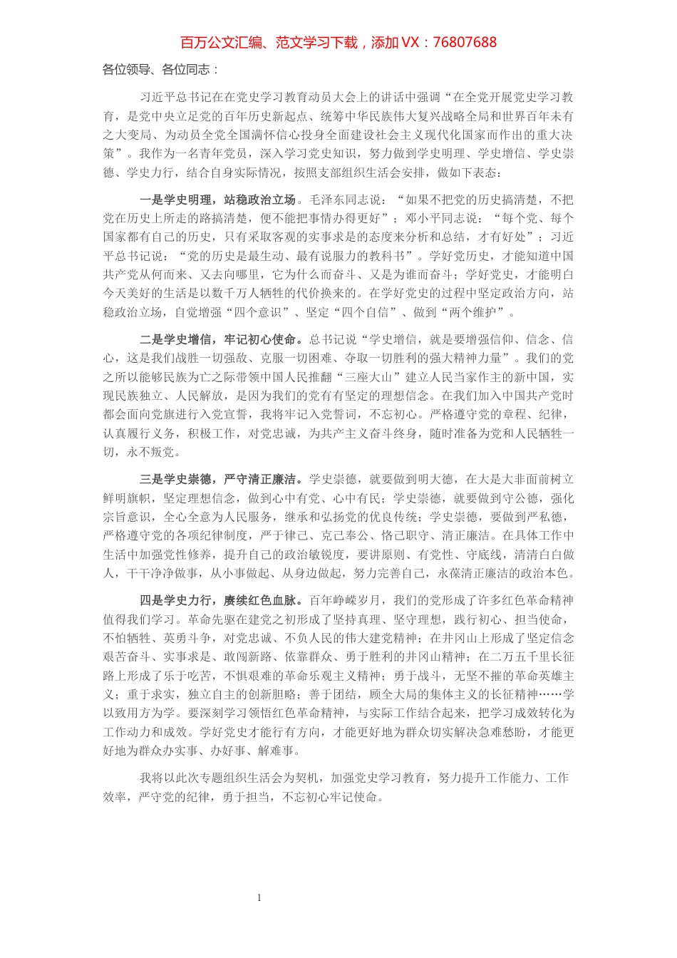 青年党员专题组织生活会表态发言.docx_第1页