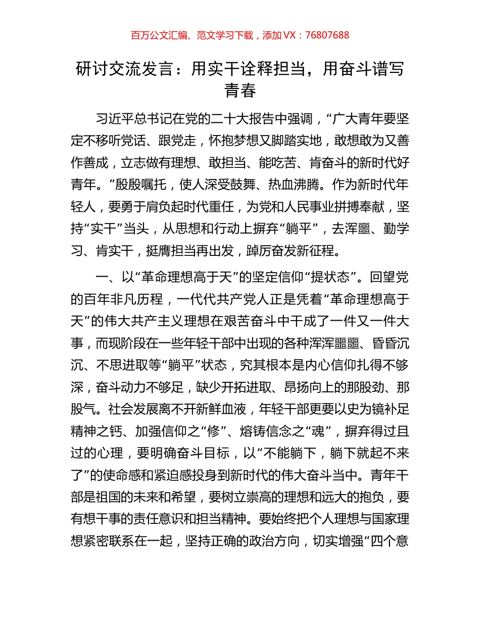 研讨交流发言：用实干诠释担当，用奋斗谱写青春.docx_第1页