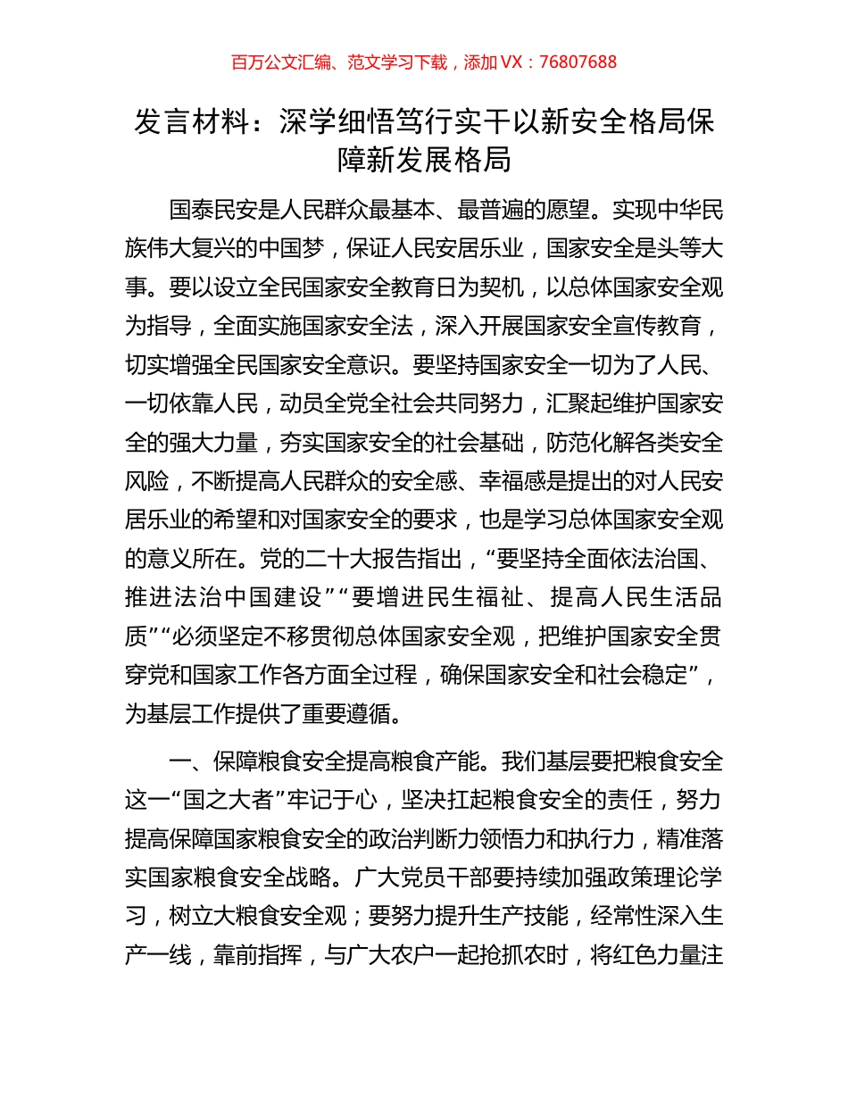 发言材料：深学细悟笃行实干以新安全格局保障新发展格局.docx_第1页