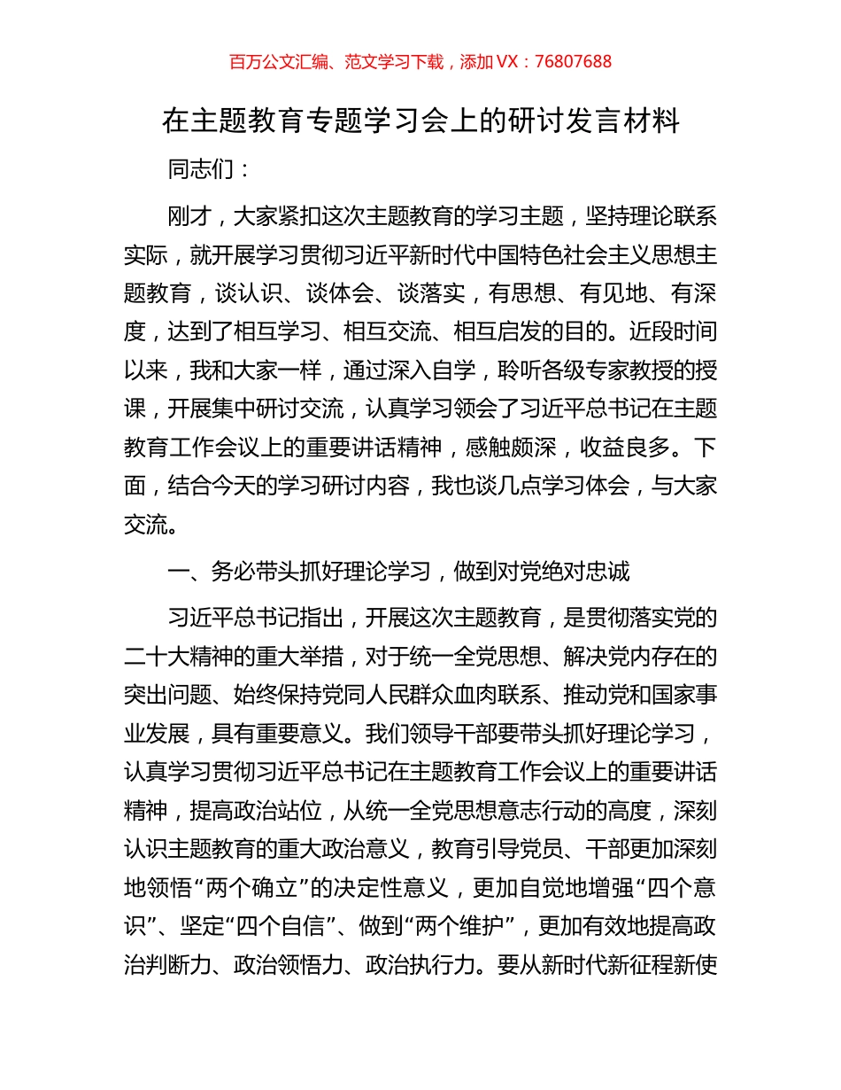 在主题教育专题学习会上的研讨发言材料.docx_第1页