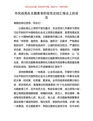 市民政局在主题教育阶段性总结汇报会上的发言.docx