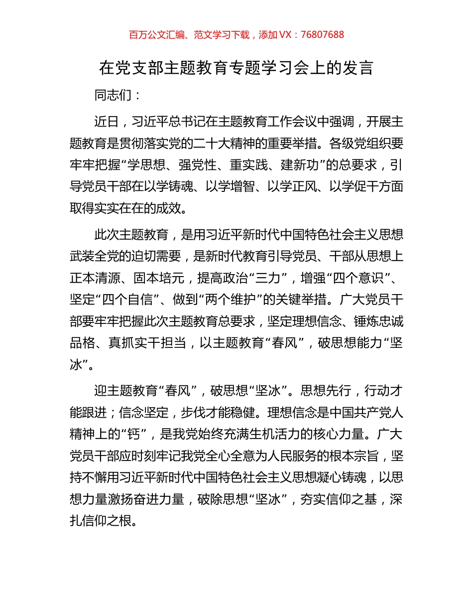 在党支部主题教育专题学习会上的发言.docx_第1页