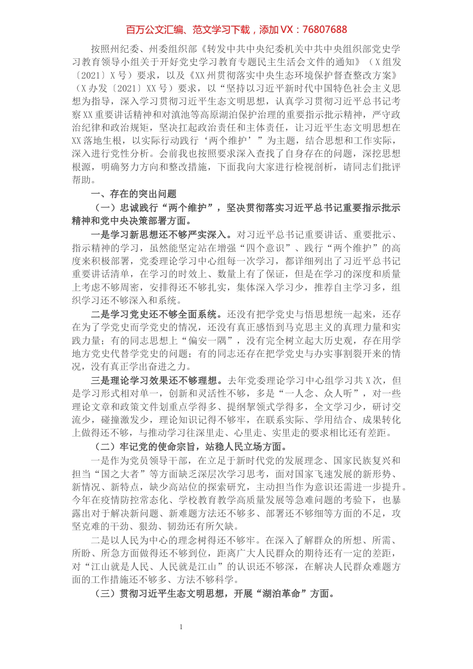生态环境保护督察整改专题民主生活会个人对照检查发言提纲.docx_第1页