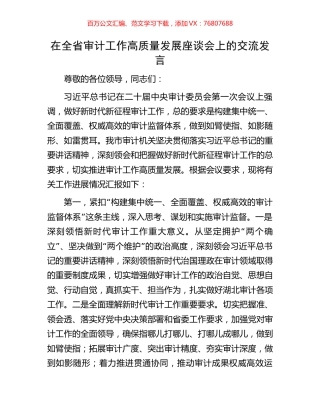在全省审计工作高质量发展座谈会上的交流发言.docx