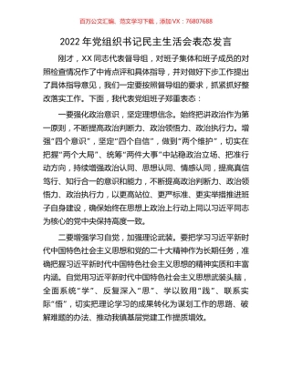 2022年党组织书记民主生活会表态发言.docx