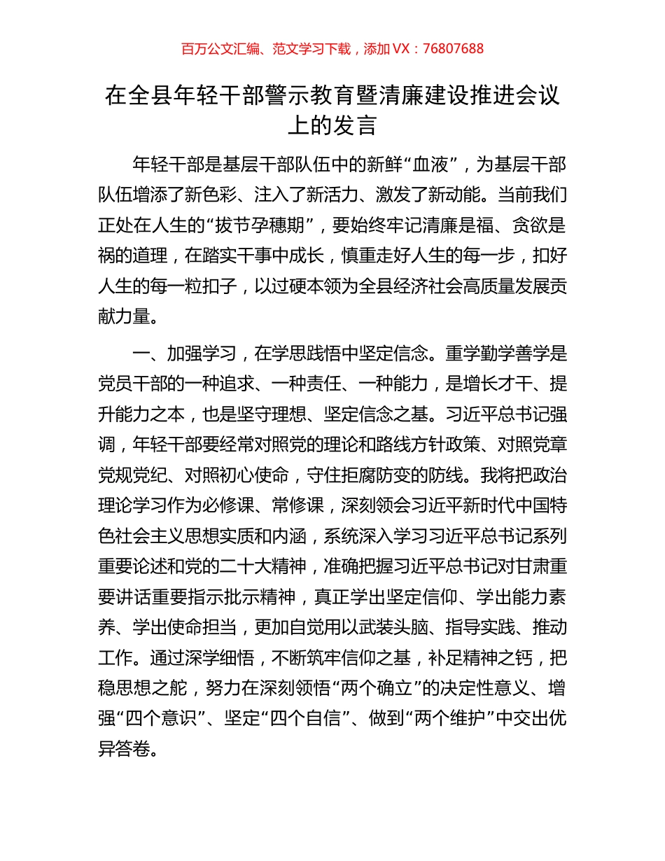 在全县年轻干部警示教育暨清廉建设推进会议上的发言.docx_第1页
