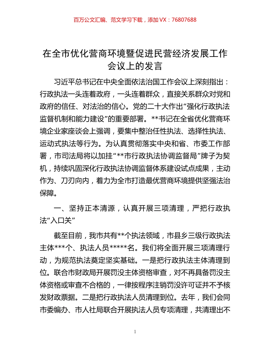 在全市优化营商环境暨促进民营经济发展工作会议上的发言.docx_第1页