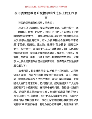在市委主题教育阶段性总结推进会上的汇报发言.docx