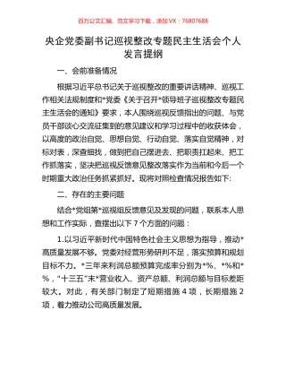 央企党委副书记巡视整改专题民主生活会个人发言提纲.docx