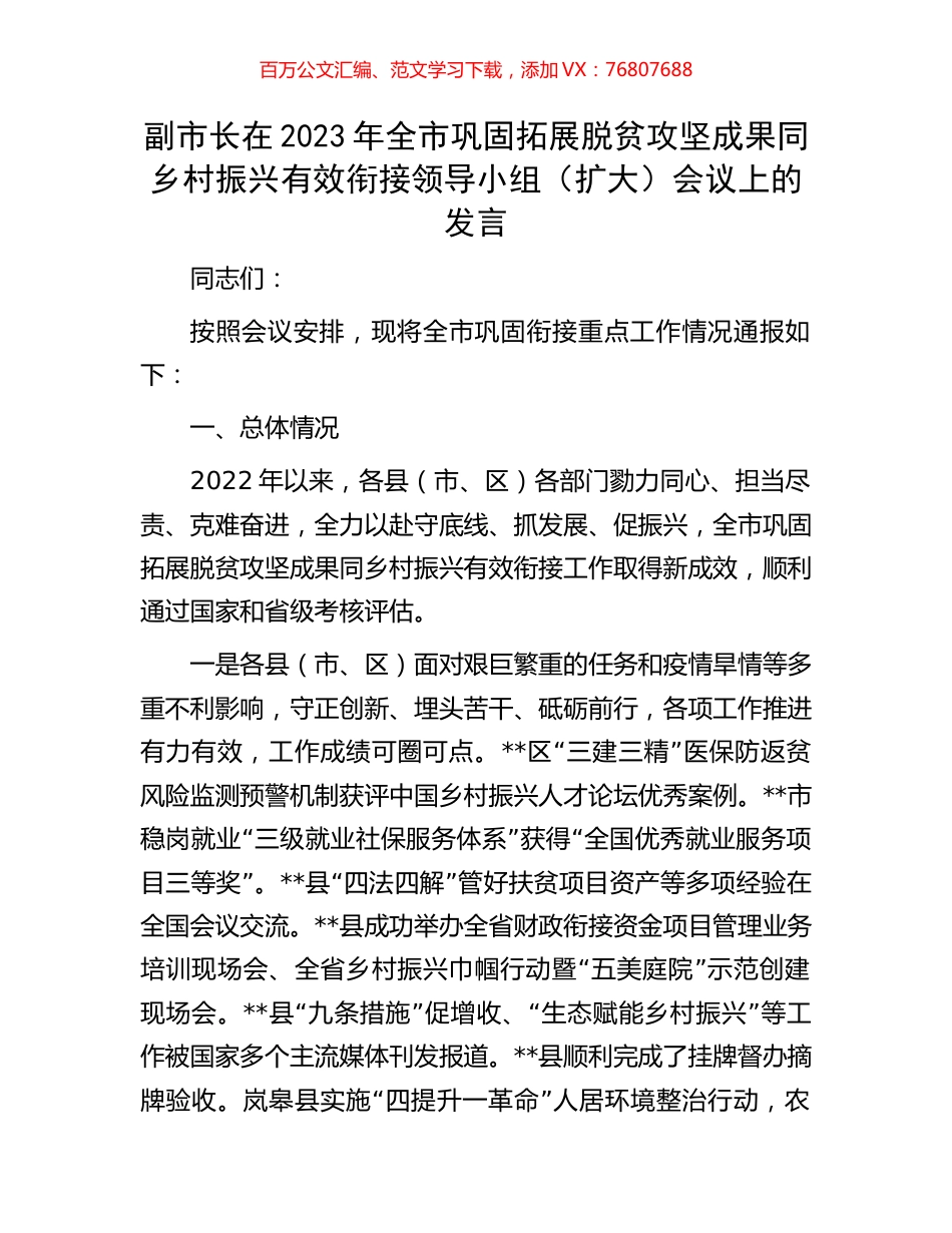 副市长在2023年全市巩固拓展脱贫攻坚成果同乡村振兴有效衔接领导小组（扩大）会议上的发言.docx_第1页
