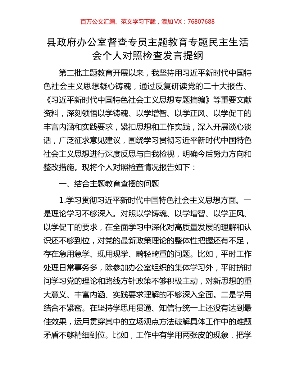 县政府办公室督查专员主题教育专题民主生活会个人对照检查发言提纲.docx_第1页