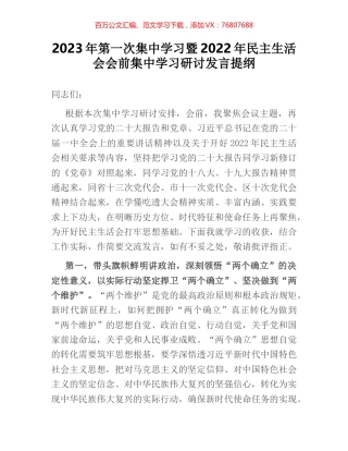 2023年第一次集中学习暨2022年民主生活会会前集中学习研讨发言提纲.docx