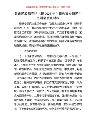 某市民政局党组书记2023年主题教育专题民主生活会发言材料.docx
