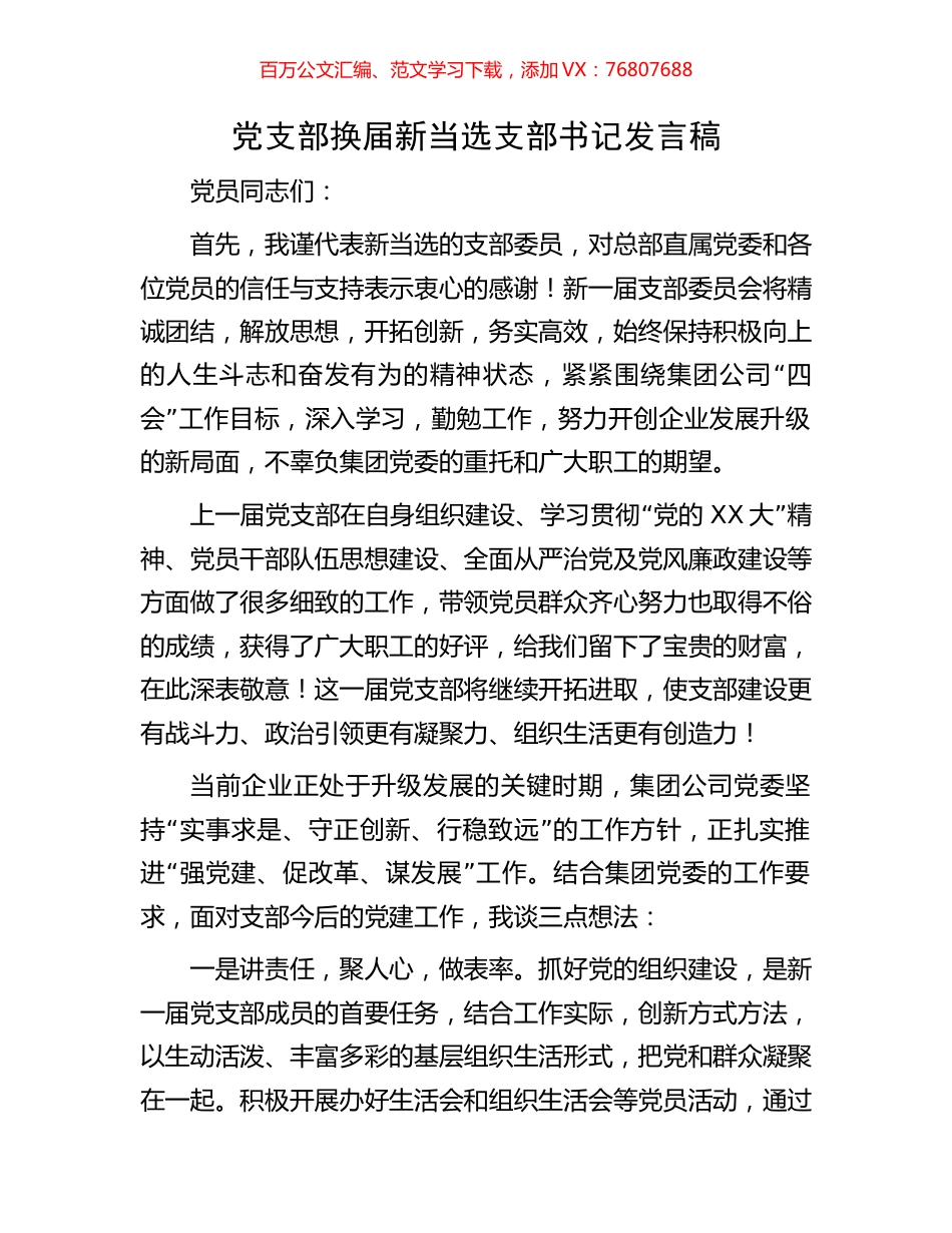 党支部换届新当选支部书记发言稿.docx_第1页