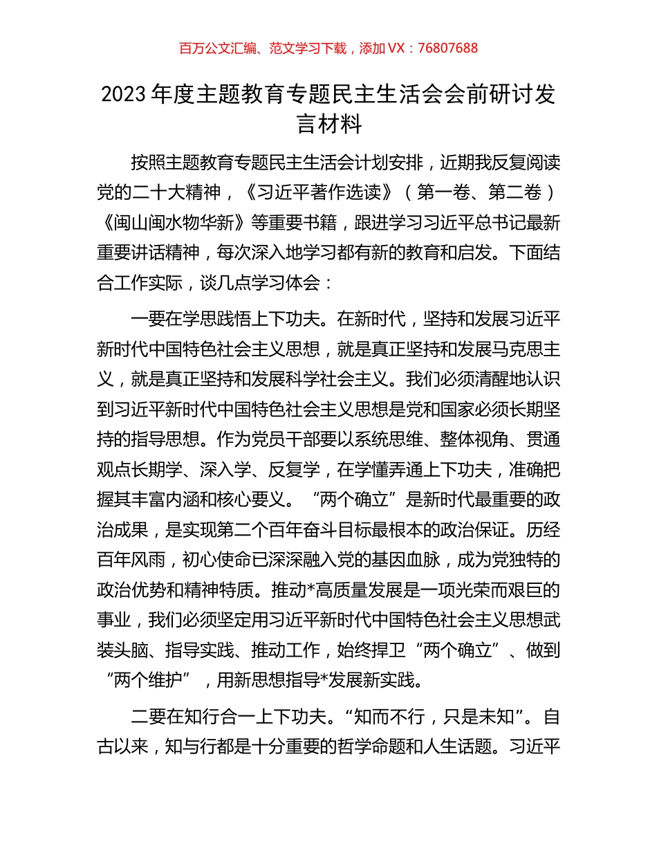 2023年度主题教育专题民主生活会会前研讨发言材料.docx_第1页