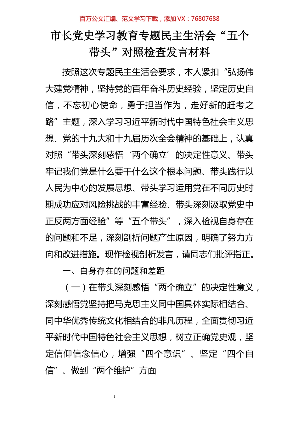 市长党史学习教育专题民主生活会“五个带头”对照检查发言材料.docx_第1页