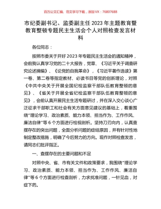 市纪委副书记、监委副主任2023年主题教育暨教育整顿专题民主生活会个人对照检查发言材料.docx