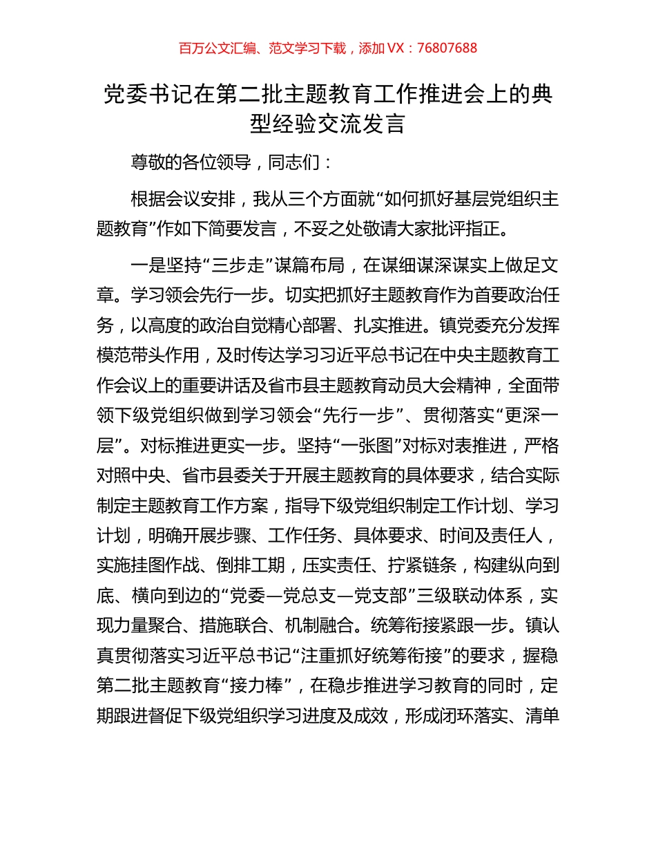 党委书记在第二批主题教育工作推进会上的典型经验交流发言.docx_第1页