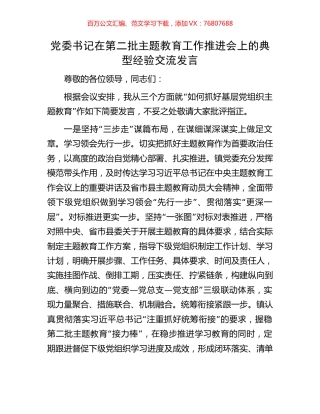 党委书记在第二批主题教育工作推进会上的典型经验交流发言.docx