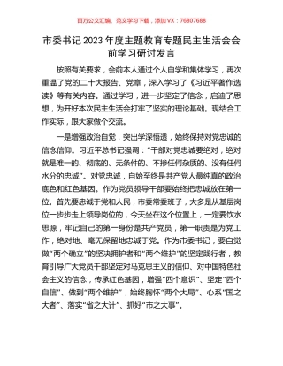 市委书记2023年度主题教育专题民主生活会会前学习研讨发言.docx