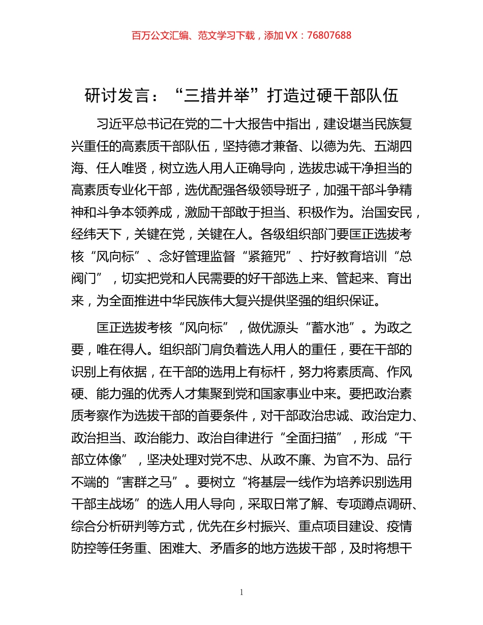 -发言：“三措并举”打造过硬干部队伍.docx_第1页