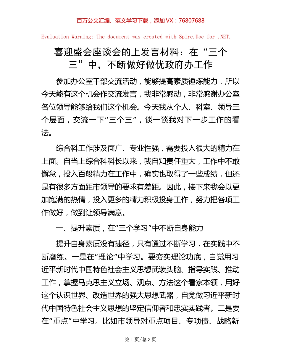 喜迎盛会座谈会的上发言材料：在“三个三”中，不断做好做优政府办工作【稿子汇】.docx_第1页