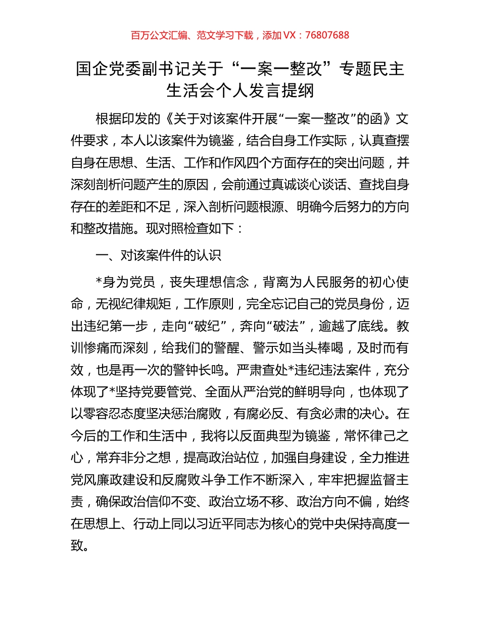 国企党委副书记关于“一案一整改”专题民主生活会个人发言提纲.docx_第1页