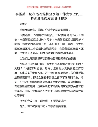 县区委书记在巡视巡核查反馈工作会议上的主持词和表态发言讲话提纲.docx