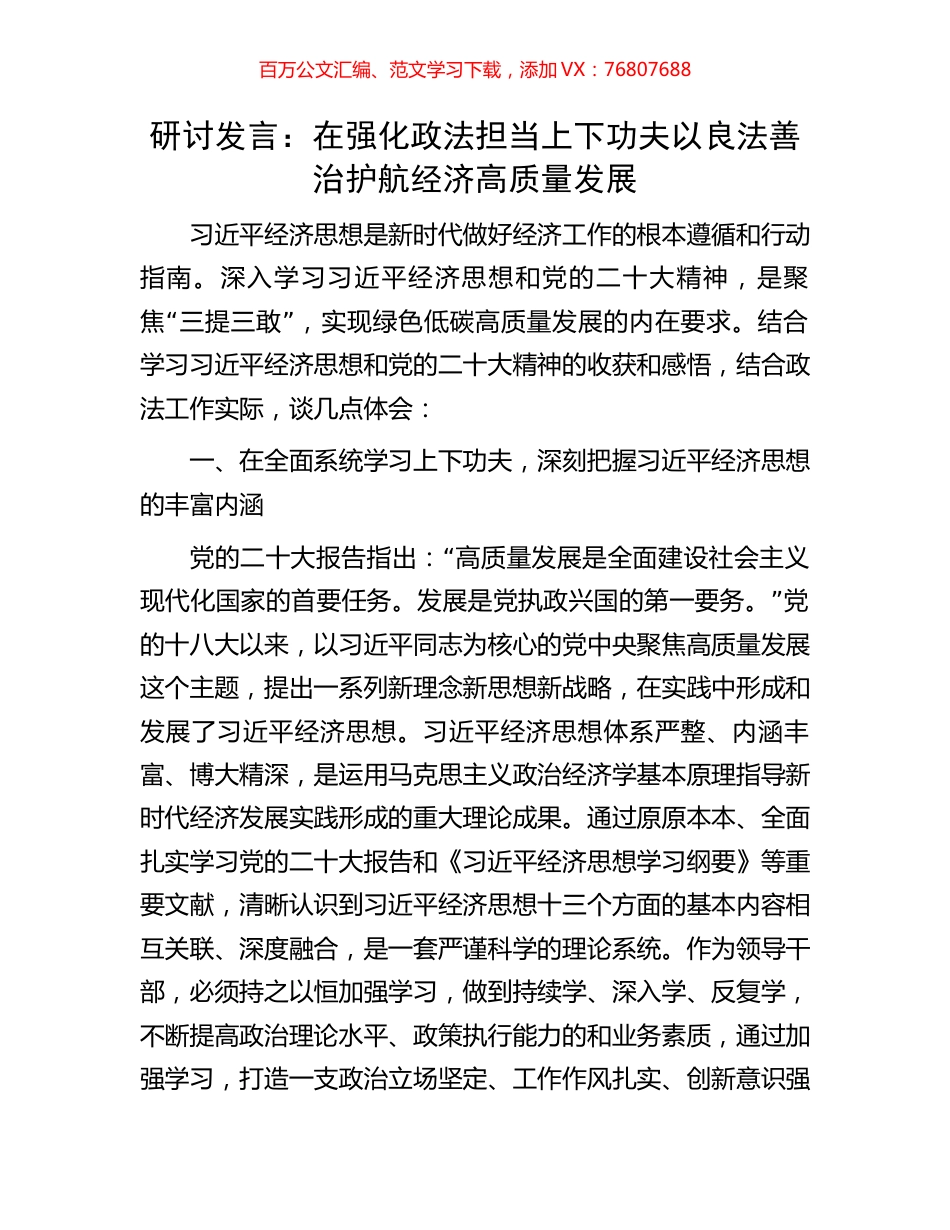 研讨发言：在强化政法担当上下功夫以良法善治护航经济高质量发展.docx_第1页
