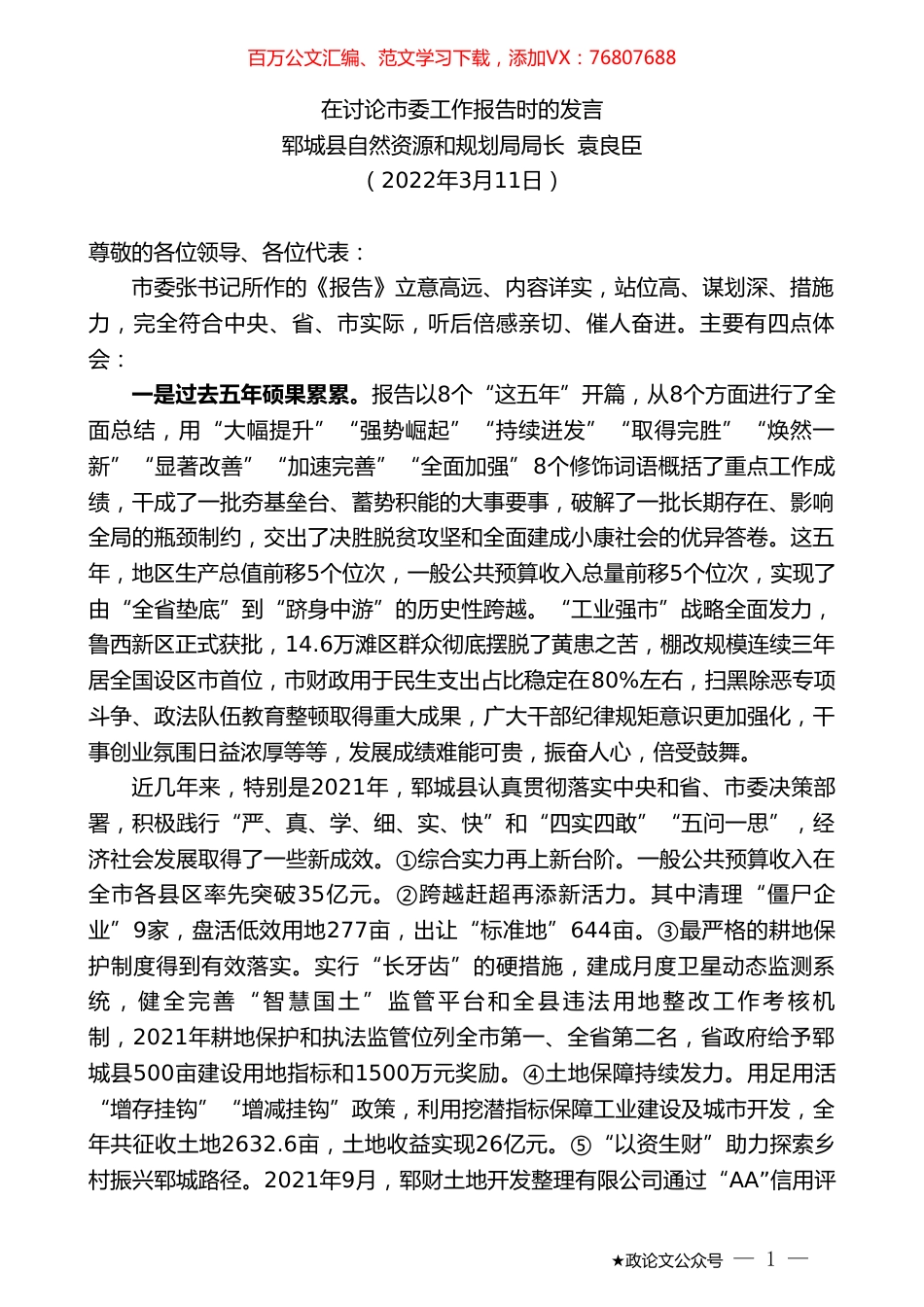 郓城县自然资源和规划局局长袁良臣：在讨论市委工作报告时的发言.doc_第1页