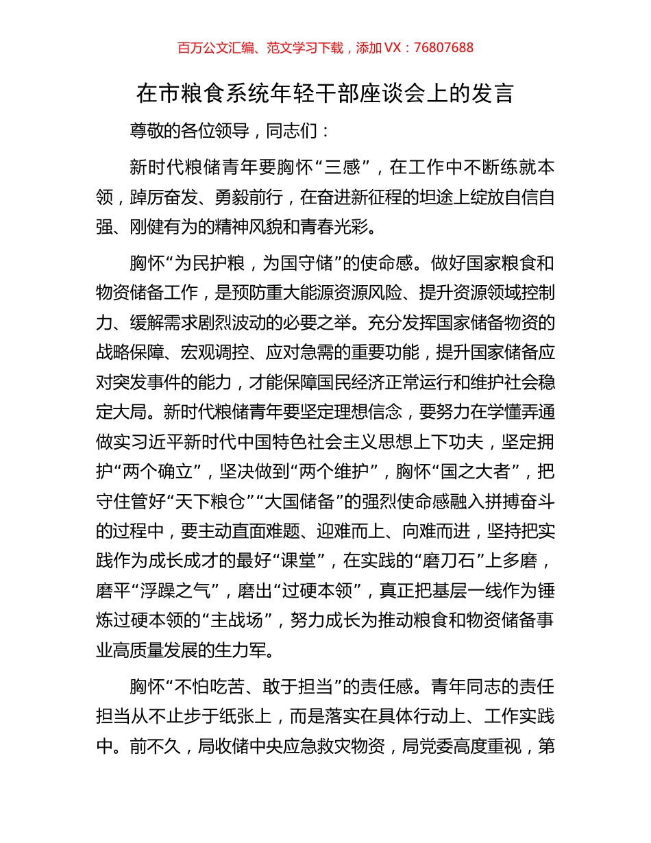 在市粮食系统年轻干部座谈会上的发言.docx_第1页
