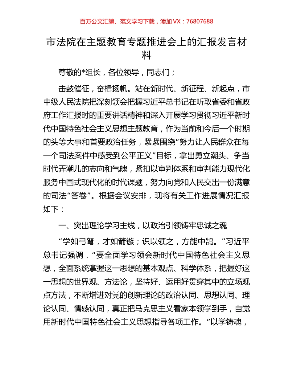 市法院在主题教育专题推进会上的汇报发言材料.docx_第1页