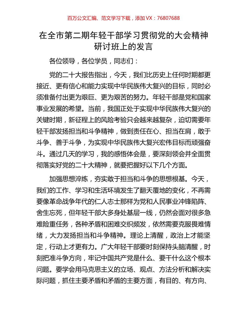 在全市第二期年轻干部学习贯彻党的大会精神研讨班上的发言.docx_第1页