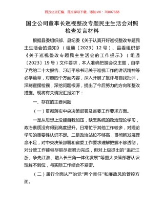 国企公司董事长巡视整改专题民主生活会对照检查发言材料.docx