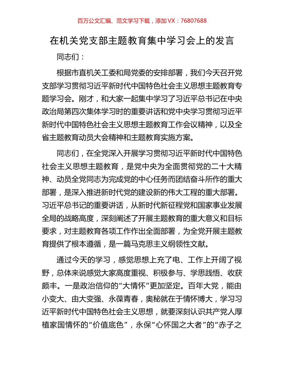 在机关党支部主题教育集中学习会上的发言.docx_第1页