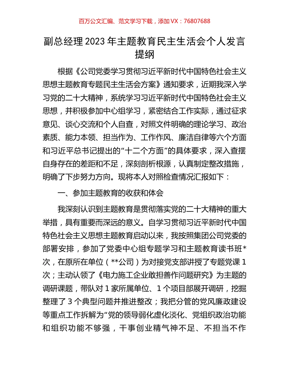 副总经理2023年主题教育民主生活会个人发言提纲.docx_第1页
