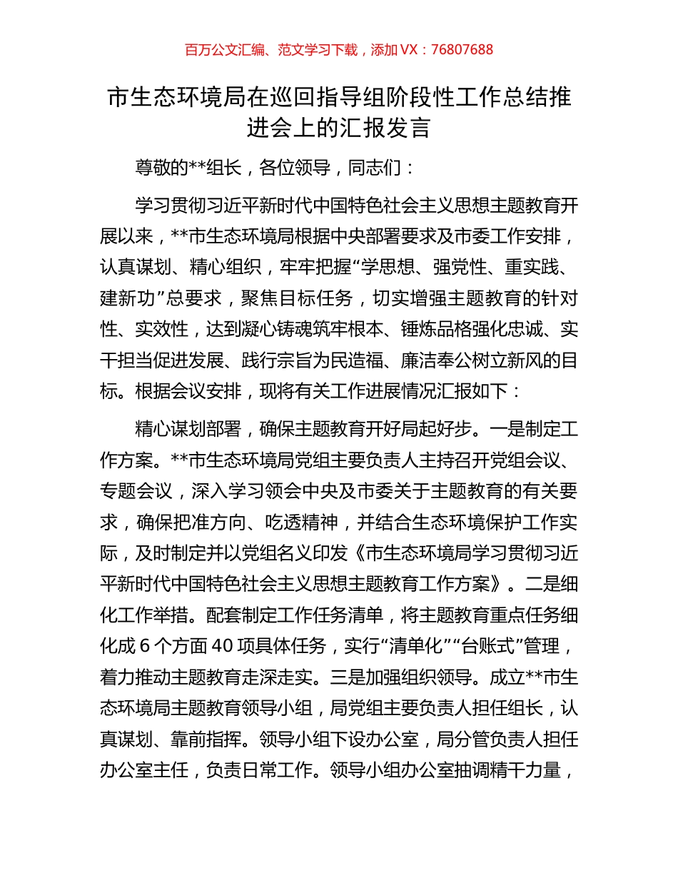市生态环境局在巡回指导组阶段性工作总结推进会上的汇报发言.docx_第1页