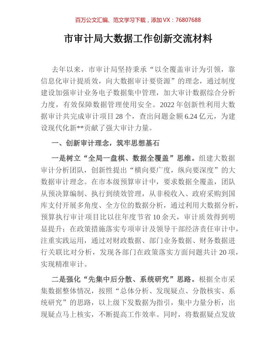 市审计局大数据工作创新交流材料.docx_第1页