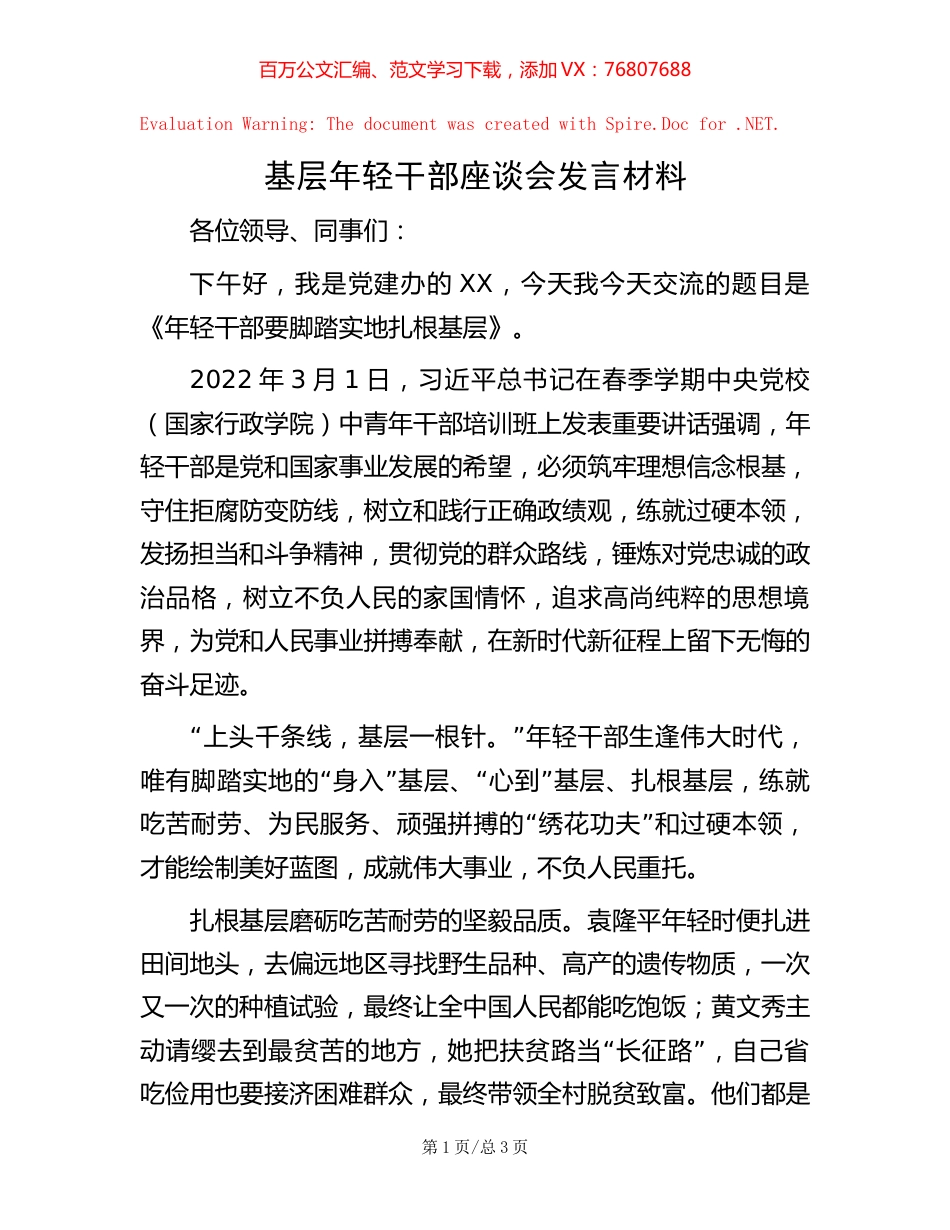 基层年轻干部座谈会发言材料.docx_第1页