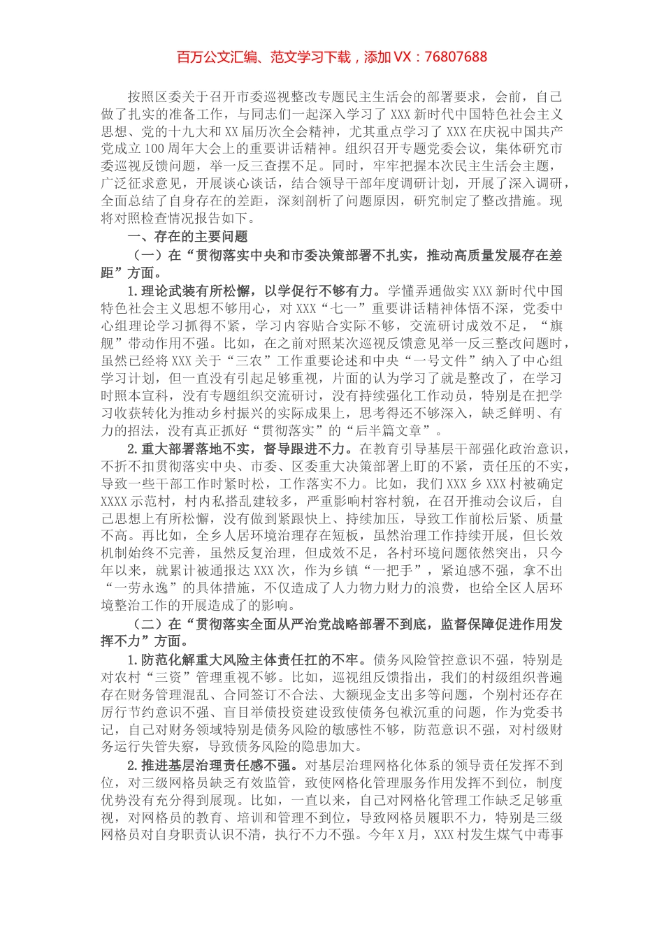 乡镇党委书记在市委巡视整改专题民主生活会上的个人发言提纲.docx_第1页