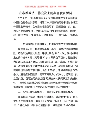 在市委政法工作会议上的典型发言材料.docx