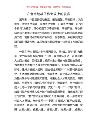 在全市统战工作会议上的发言.docx