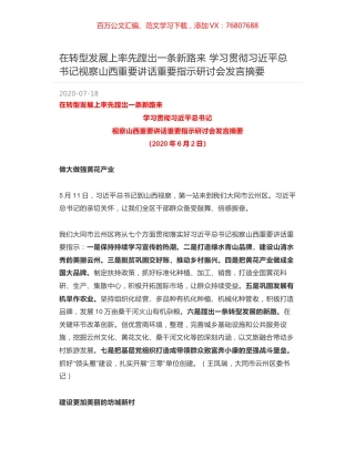 在转型发展上率先蹚岀一条新路来 学习贯彻习近平总书记视察山西重要讲话重要指示研讨会发言摘要.docx