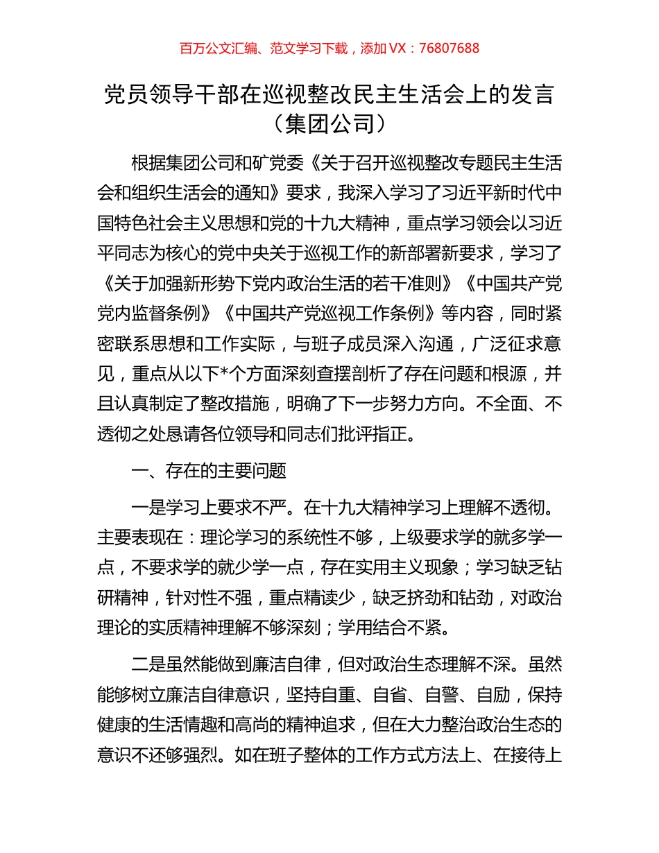 党员领导干部在巡视整改民主生活会上的发言（集团公司）.docx_第1页