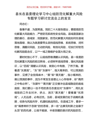 县长在县委理论学习中心组防范化解重大风险专题学习研讨交流会上的发言.docx